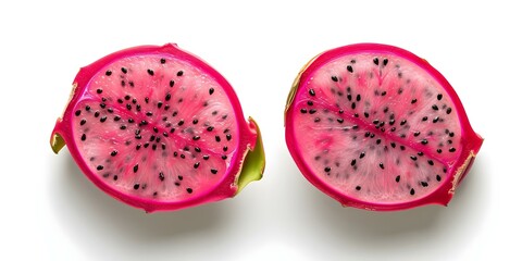 Fototapeta premium Slices of dragonfruit isolated on white background with clipping path. Concept Fruits, Dragonfruit, Isolated, White Background, Clipping Path