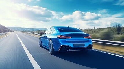 Rear view of blue Business car on high speed in turn. Blue car rushing along a high-speed highway.