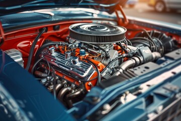 Obraz premium car under the hood close-up, view of a modern engine, other mechanical and electrical parts . Beautiful simple AI generated image in 4K, unique.