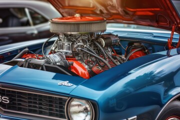 car under the hood close-up, view of a modern engine, other mechanical and electrical parts . Beautiful simple AI generated image in 4K, unique.