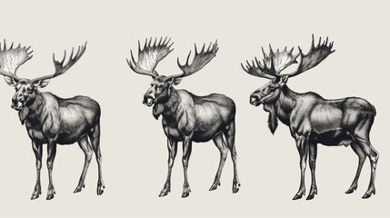 The illustration depicts three majestic moose standing in a row, each with large antlers and detailed muscular features, rendered in a monochrome style set against a plain background.