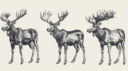 A detailed illustration highlights three moose standing side by side, each in a different attitude, capturing their expressions and physical characteristics in black and white.