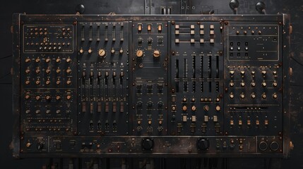 A high-resolution image of a complex analog control panel featuring numerous knobs, switches, and gauges, all intricately arranged for detailed control operations.