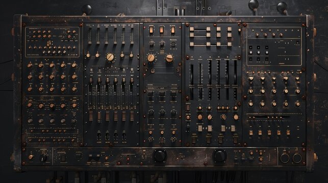 A high-resolution image of a complex analog control panel featuring numerous knobs, switches, and gauges, all intricately arranged for detailed control operations. - Powered by Adobe