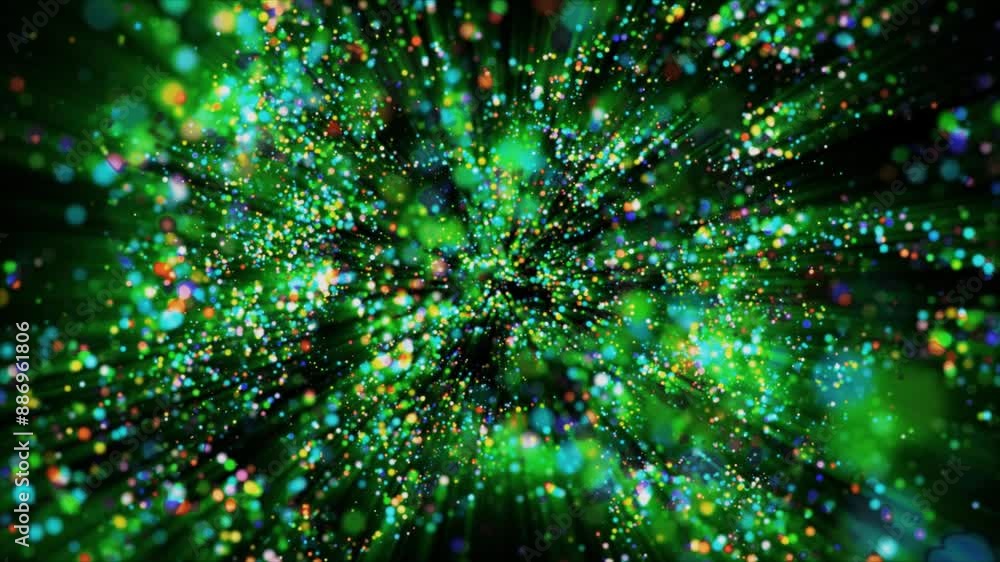 Poster a mesmerizing green light particle galaxy animation creating a hypnotic visual experience