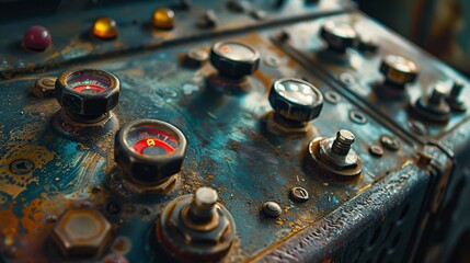 Close-up shot of a vintage control panel featuring both red and black dials, surrounded by various knobs and switches, embodying the aesthetic of aged machinery.