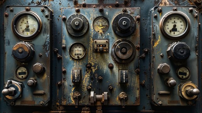 A retro-styled industrial control panel covered in various gauges, dials, and knobs, showing signs of aging and wear, representing vintage mechanical engineering.