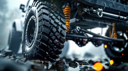 Close-up of rugged off-road vehicle's suspension and tire on rough terrain, showcasing durability and performance in extreme conditions.
