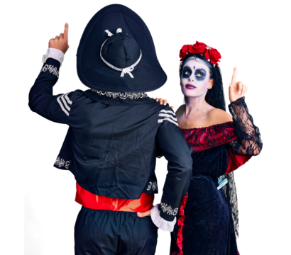 Young couple wearing mexican day of the dead costume over background posing backwards pointing ahead with finger hand