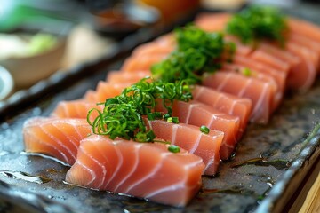 Sashimi slices with garnishes floating elegantly