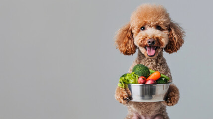 A happy poodle holding a bowl of fresh vegetables, promoting a balanced diet for dogs