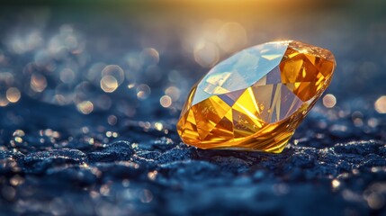 yellow Sapphire , close up cut gemstone shiny and beautiful on ground with bokeh light	

