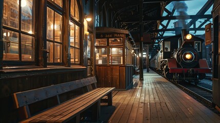 An atmospheric nighttime view of a vintage train awaiting departure at a historic railway station, illustrating the serene beauty and timeless charm of classic rail travel.