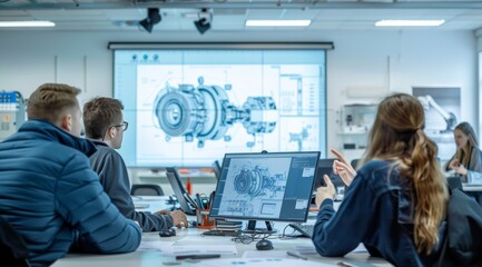 Group of engineers collaborating in modern office with computer screens displaying technical designs
