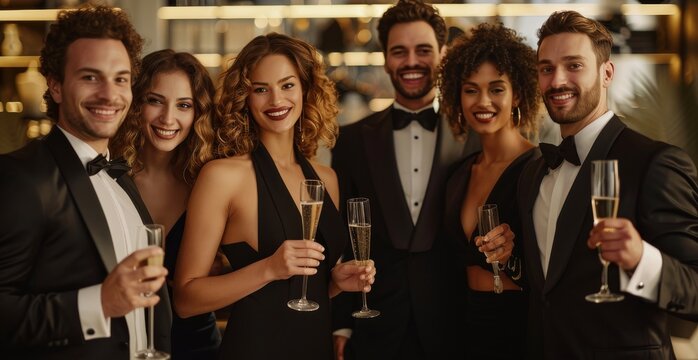 Elegant group of friends celebrating with champagne at a formal party