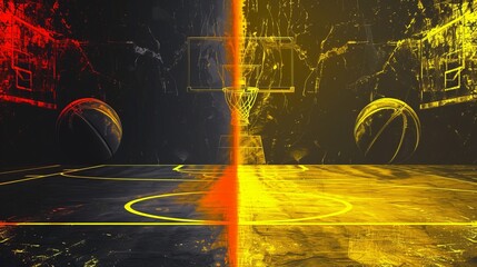 A vibrant digital depiction of a basketball court split into two halves with contrasting red and yellow colors, incorporating abstract and futuristic design elements.