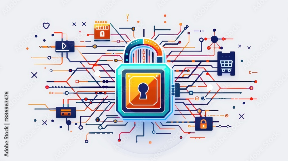 Poster secure lock symbol amidst a network of interconnected digital elements, representing cybersecurity a