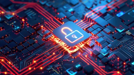 Obraz premium Cybersecurity concept image with a digital padlock on a circuit board, representing data protection and information security.