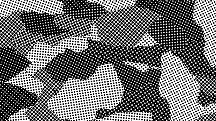 Fototapeta premium Abstract background with halftone torn piece shape in collage comic style. Wallpaper with black grunge black paper.