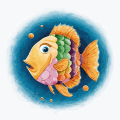 Watercolor aquarium scary surprised fish. Tropical colorful vector illustration of fish isolated on the background