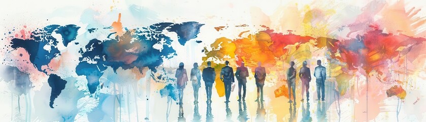 Abstract watercolor painting of the world with silhouettes of people.
