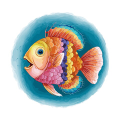 Watercolor aquarium scary surprised fish. Tropical colorful vector illustration of fish isolated on the background