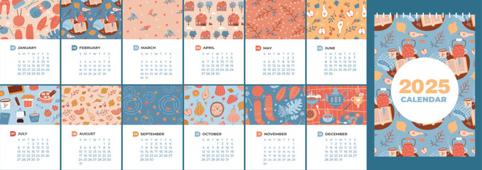 2025 calendar with 12 months sheets design. Vertical a4 a3 size template. Four seasons nature cute cozy patterns. Natural mood. Vector illustration in flat cartoon style. Week starting on Sunday.
