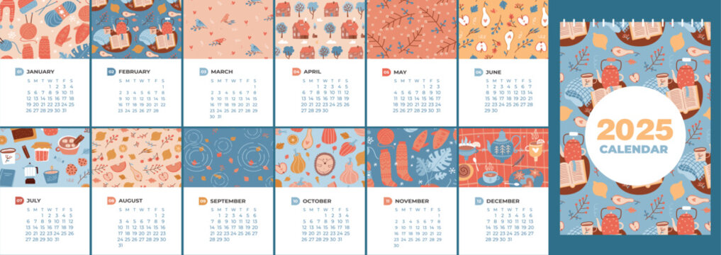2025 calendar with 12 months sheets design. Vertical a4 a3 size template. Four seasons nature cute cozy patterns. Natural mood. Vector illustration in flat cartoon style. Week starting on Sunday.