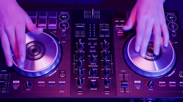 DJ playing music on festival in night club. Techno musician with headphones and sunglasses performing at nightclub for concert crowd of people, city bar.