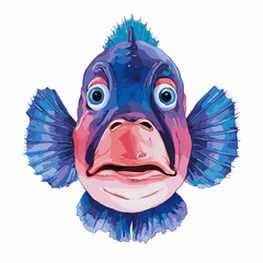 Watercolor aquarium scary surprised fish. Tropical colorful vector illustration of fish isolated on the background