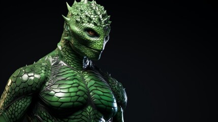 A green-skinned, reptilian superhero with a fierce expression