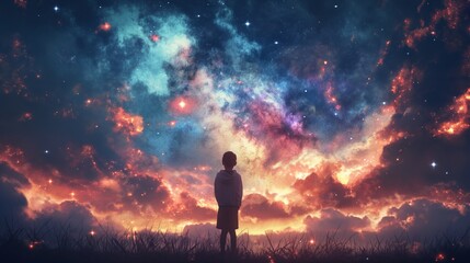 Fototapeta premium young boy under starry sky as background, child dream and hope concept
