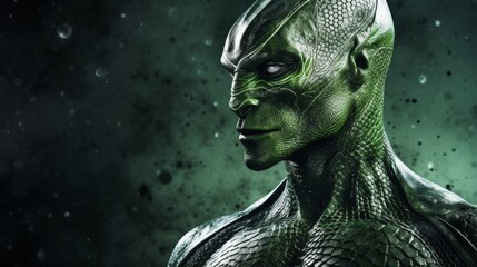 A reptilian superhero stares intently, cosmic dust swirling around them