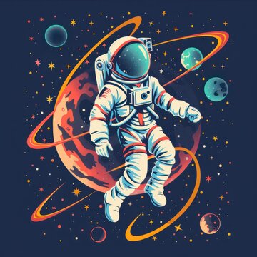 Space, science fiction, future. Vector illustrations of astronaut, galaxy, planet, moon, space objects for poster, background or cover Job ID: 72407eb4-be5f-4879-88fa-cb70c4ba7683