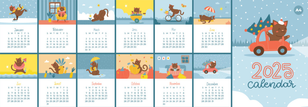 Calendar 2025 A4 size template with little cat season activities, monthly planner organizer. Cover and 12 month pages kitty character mascot. Flat hand drawn vector illustration. Week starts on Sunday