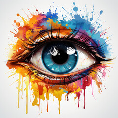 Watercolor human eye close up with colorful paint ink splashes and drips, clipart Illustration, Generative Ai
