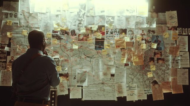 Pensive Black detective standing in office at night and studying clues on investigation board covered with maps, photos and documents linked by red thread. View from behind, zoom-out shot