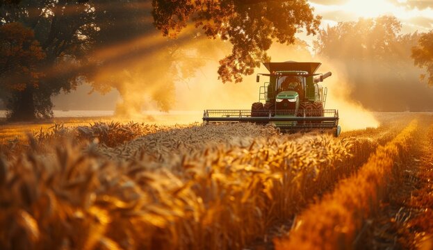 John Deere harvester harvesting wheat in a golden sunset field