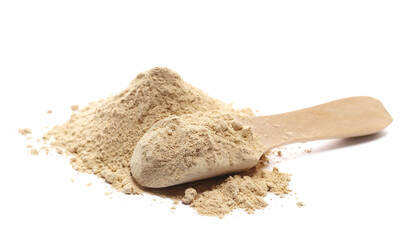Black maca organic powder in wooden sppon isolated on white, side view