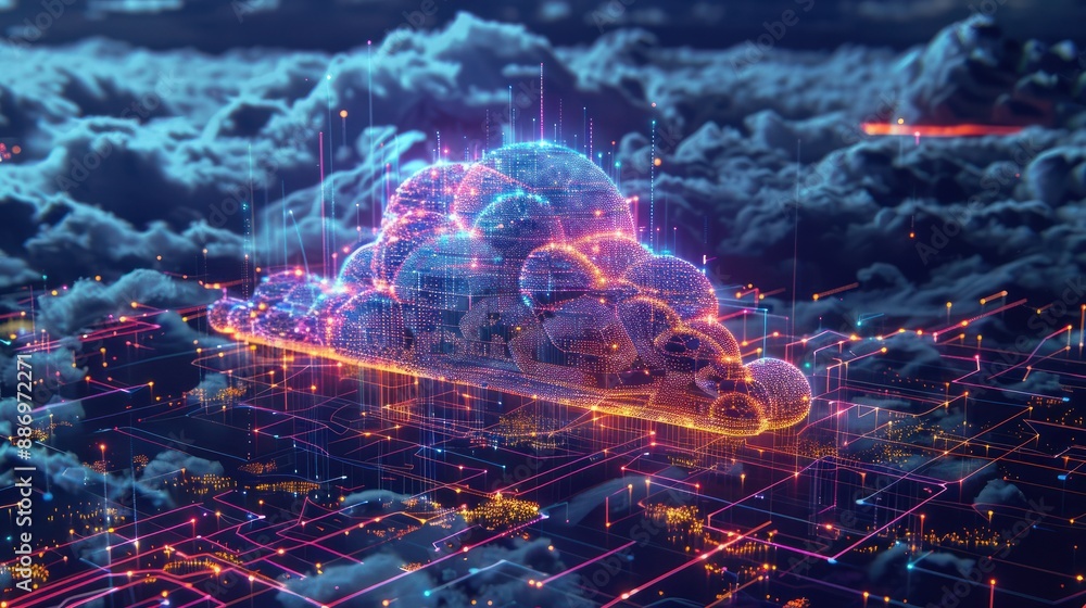 Aufkleber unveiling the cloud: glowing data illuminates the inner workings of a 3d isometric network, generati