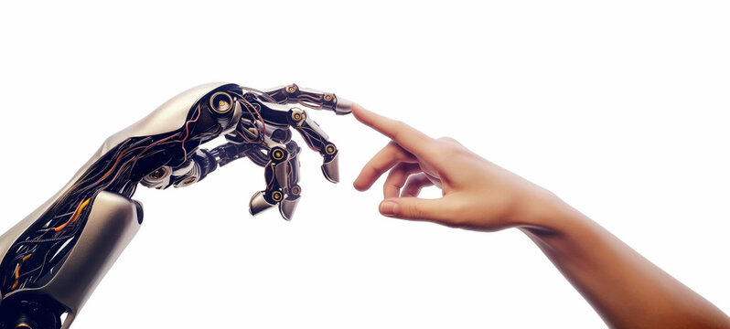 Human hand touching robot hand. Close-up of a human hand reaching out to touch a robotic hand, symbolizing connection between humanity and technology