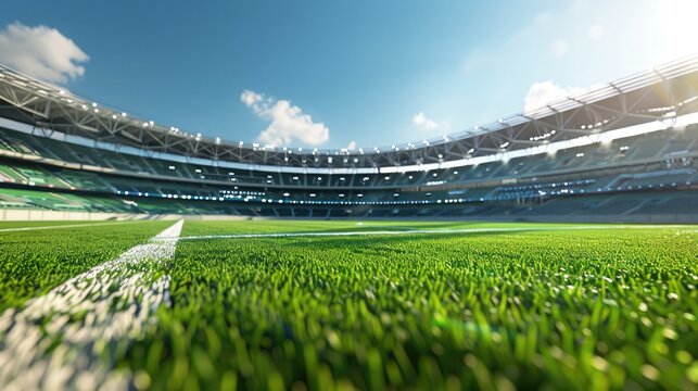 Close-up 3D render of football stadium from field perspective, detailed grass and seating, immersive and realistic daytime scene. 3D render football arena