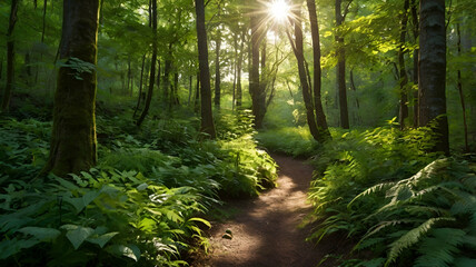 Obraz premium A_lush_forest_path_in_midsummer_with_sunlight_filtering 2