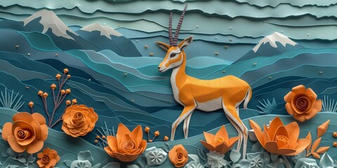 Naklejka premium gazelle in flower blossom field desert, cute paper cut style illustration, nursery baby animal concept,