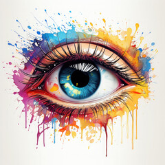 Watercolor human eye close up with colorful paint ink splashes and drips, clipart Illustration, Generative Ai