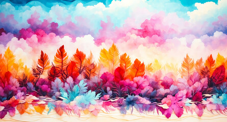 Fototapeta premium Abstract Watercolor Painting of Colorful Feathers and Flowers