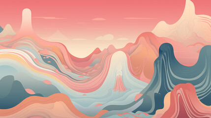 Surreal Landscape Illustration with Flowing Shapes and Soft Pastel Colors