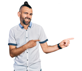 Hispanic man with ponytail wearing casual white shirt pointing aside worried and nervous with both hands, concerned and surprised expression