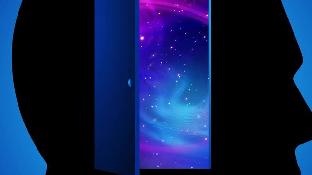 Door opening inside a human head, revealing a vast galaxy. For inspirational materials, symbolizes imagination, inner potential, and the boundless nature of the mind