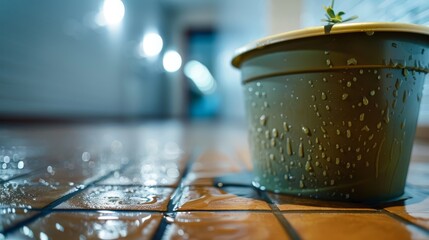 Obraz premium A tight shot of a potted plant on tiled floor, water beads on pot's surface